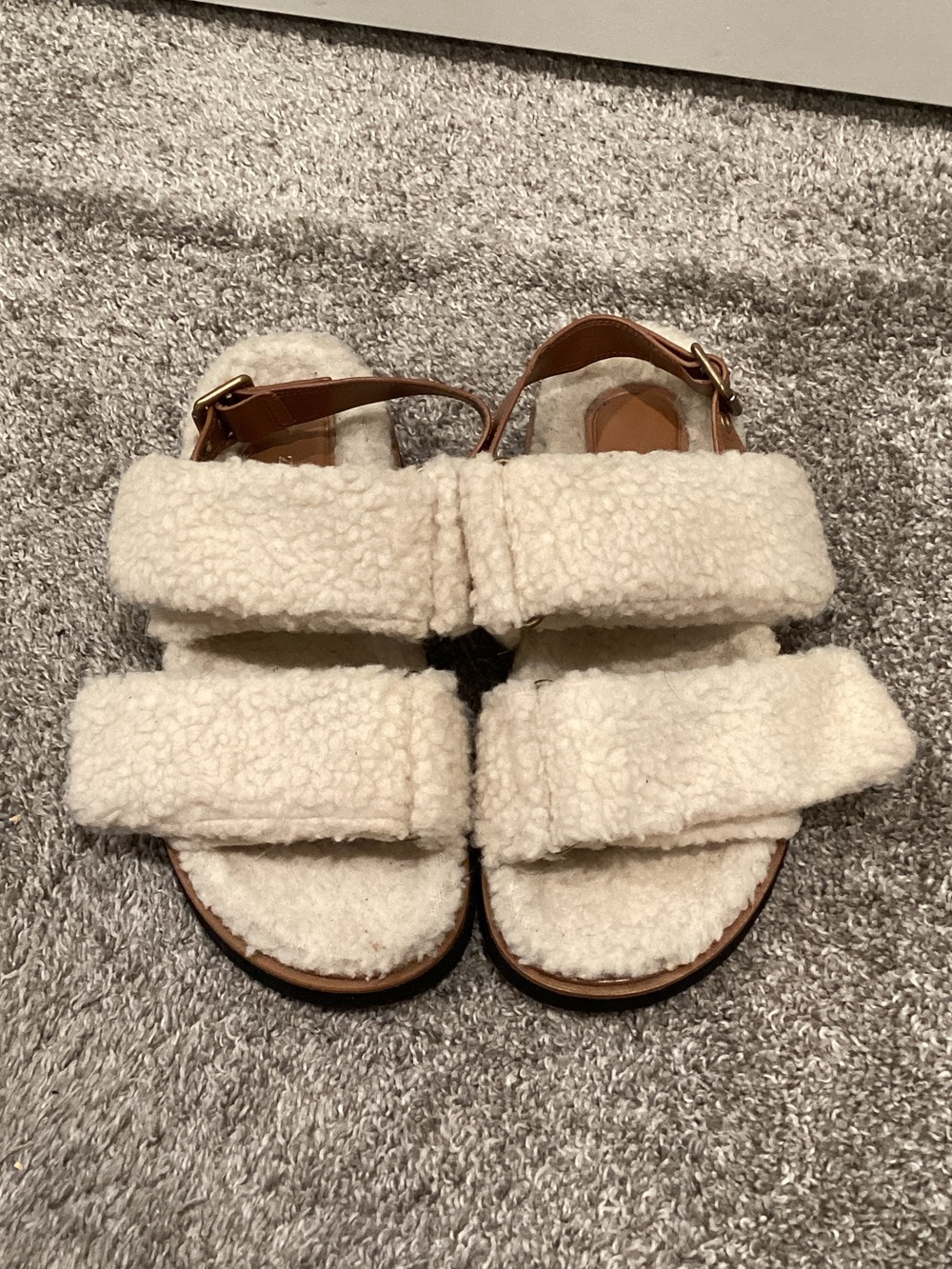 Zara Cream Plush Double-Strap Sandals with Ankle Buckle